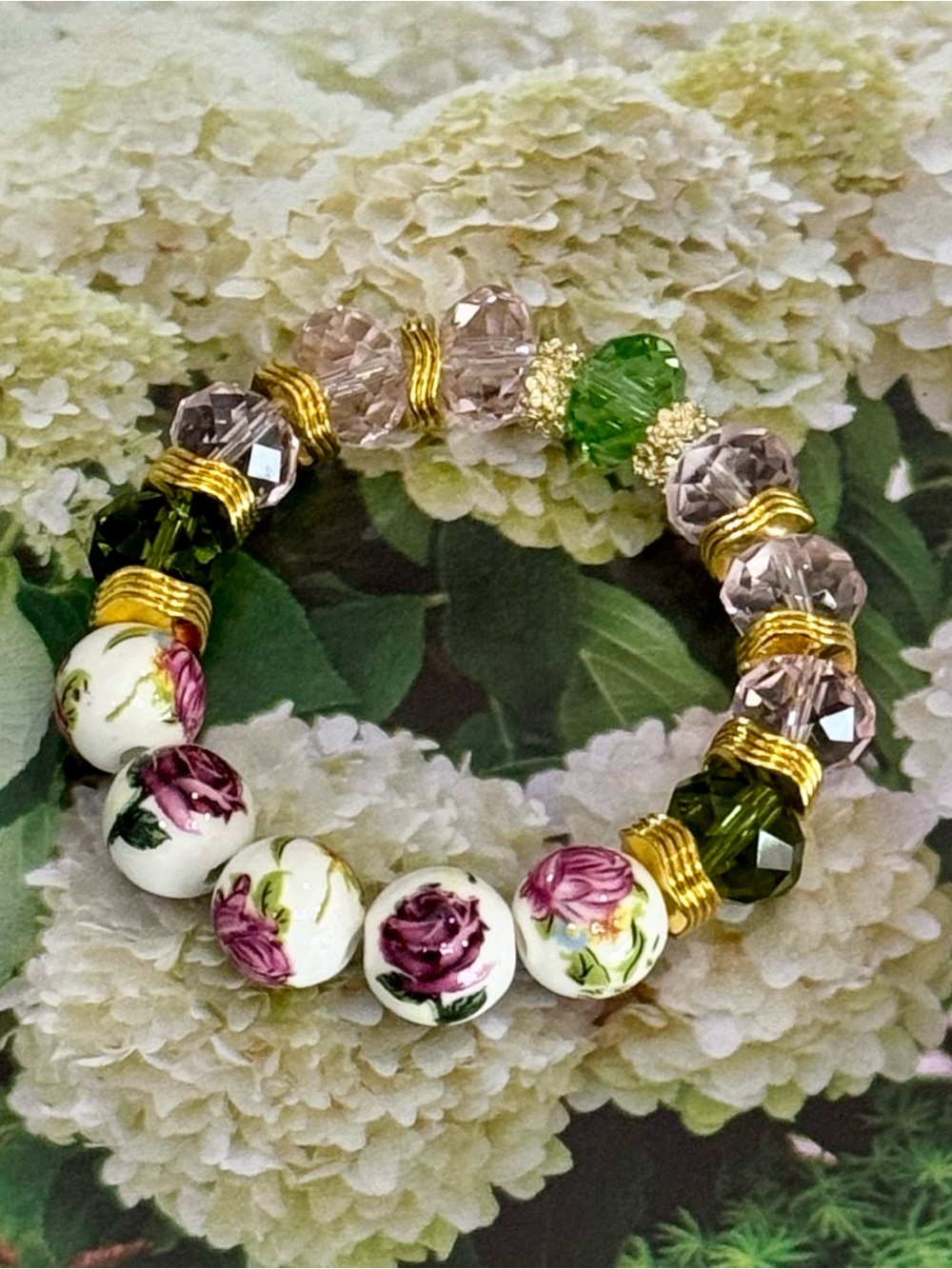 Hand Crafted Floral Gemstone and Crystal Beaded Bracelet Pink 6 3/4” - Picture 2 of 2